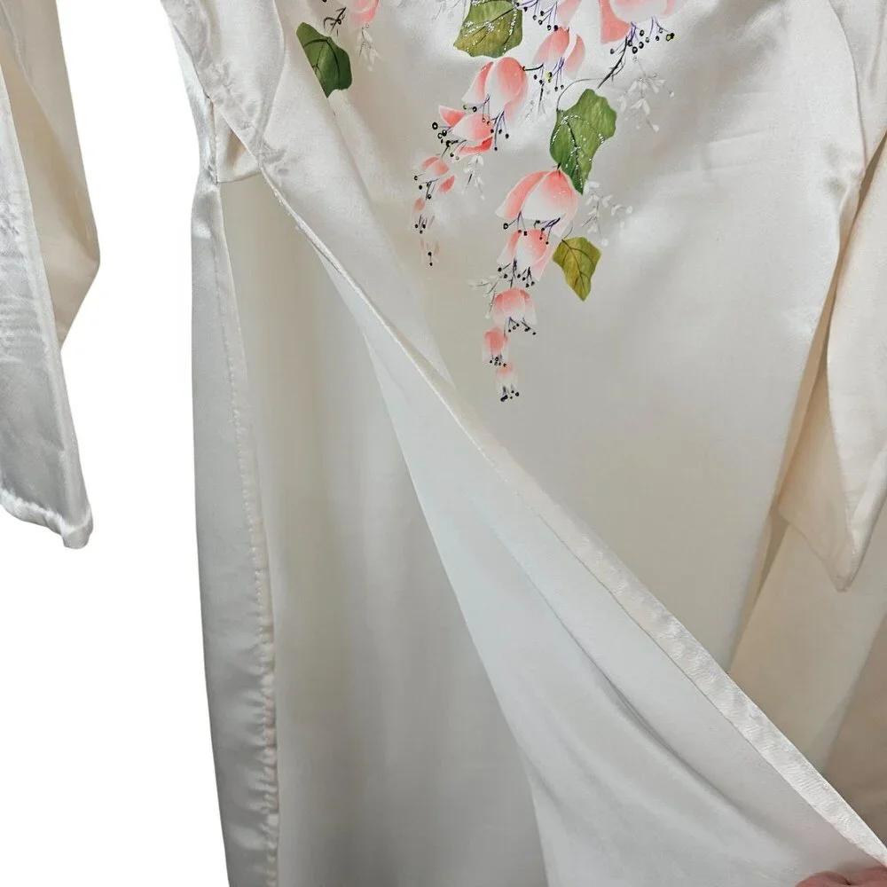 VTG Robe + Pant Sleepwear Set White Satin Floral Soft Loungewear Retro MCM OS